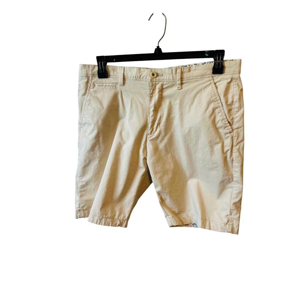 Denim Flower Men's Beige Shorts Casual Flat Front Floral Trim